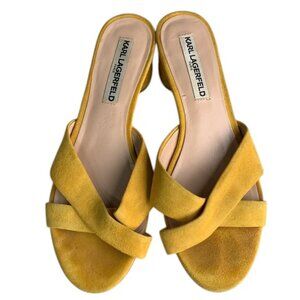 Karl Lagerfeld Block Heel Sandals Women’s 8 Yellow Suede 2 Inch Dress Shoes Chic